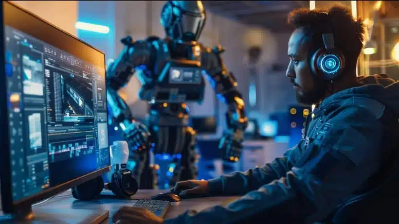 Illustration of AI video production in Coimbatore by Vconnect Media, showing a woman creating videos using artificial intelligence technology for brand storytelling.